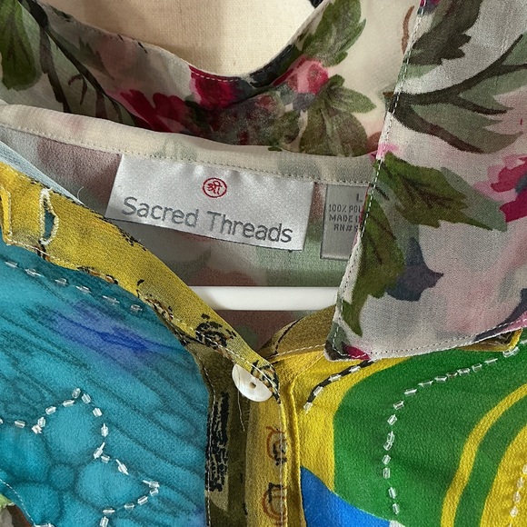Sacred Threads Patchwork Boho Top Size Large Colorful Button Front - Picture 2 of 3